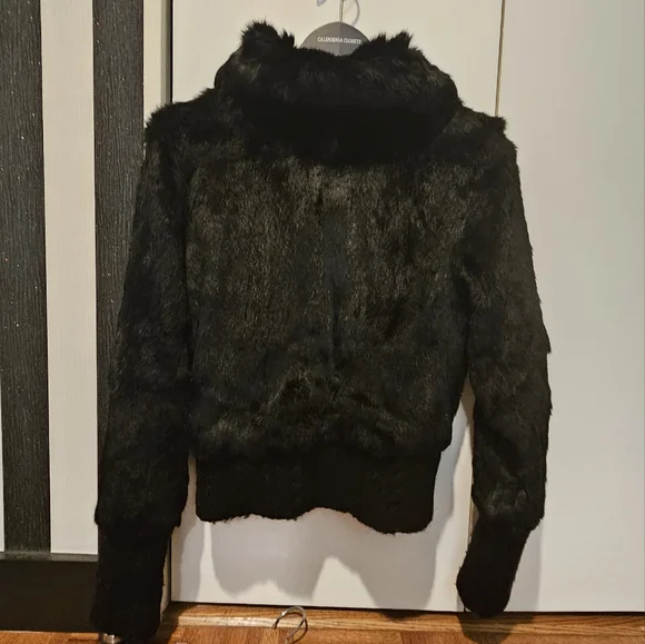 Vintage Christian Lacroix M Black Rabbit Fur Cable Knit Trim Full Zip Coat